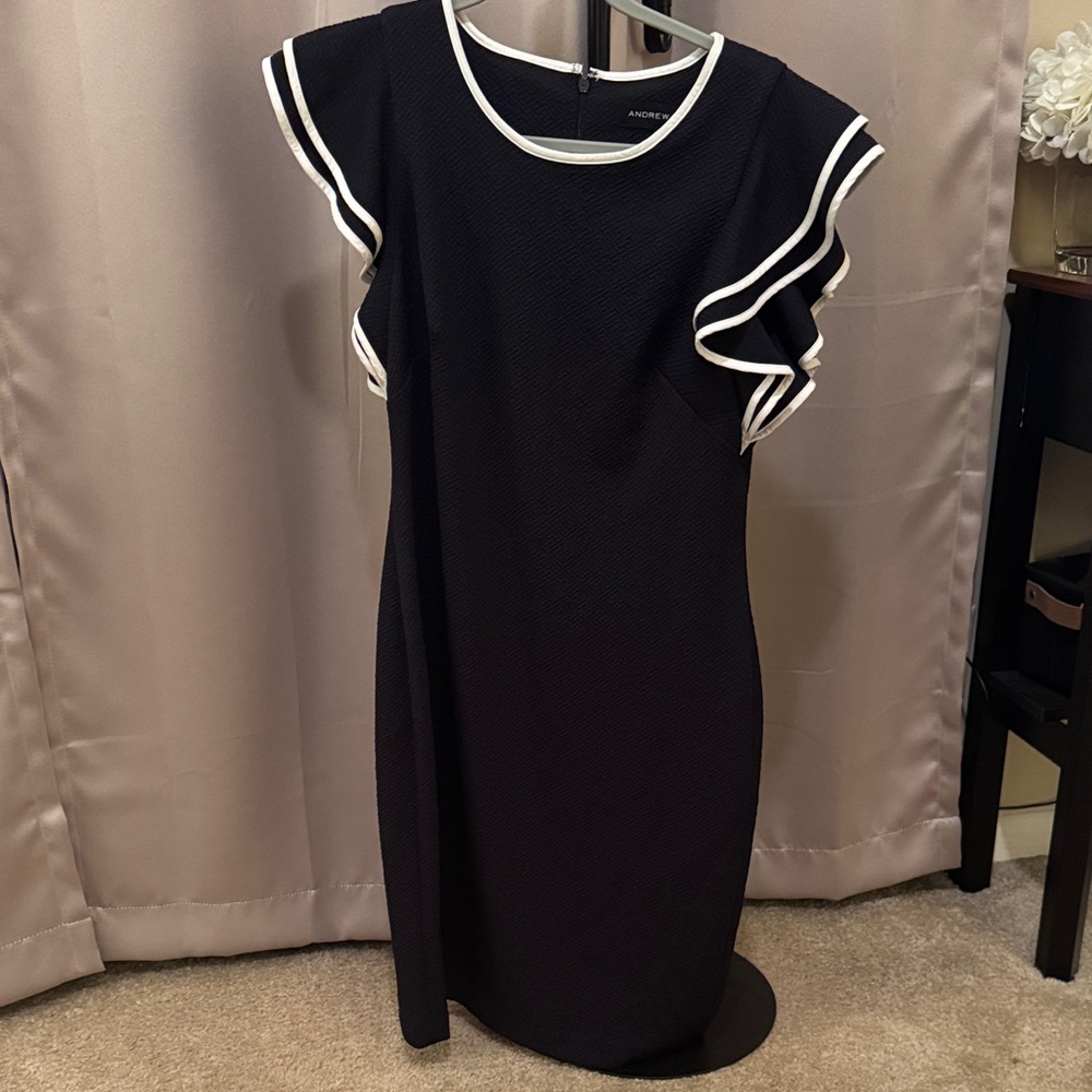 Andrew Marc Black Midi Dress with White Trim